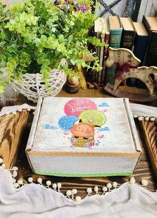 Подарочная коробка «лисёнок на воздушном шаре happy birthday, с днём рождения», хендмейд, ручная работа