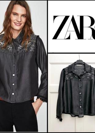 Рубашка zara с вышивкой бисером и пайетками с бахромой серого графитового цвета 100% лиоцелл блуза