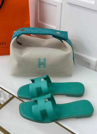 Шльопанці шкіряні бірюза в стилі hermes oran кожа шльопки шлепки шкіра бирюза