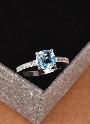 Модное шикарное кольцо перстень с камнем аквамарин стерлинговое серебро 925