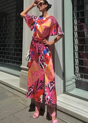 Брендовое длинное миди платье атласное цветочные мотивы от zara