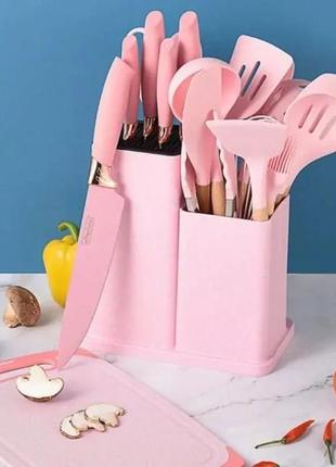 Набір кухонного приладдя для будинку на підставці, кухонний набір ts kitchen 19 штук із силікону рожевий