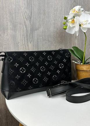 Женская замшевая сумочка клатч на плечо стиль луи витон, мини сумка натуральная замша черная