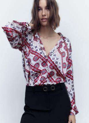 Zara сатиновая рубашка в принт xl