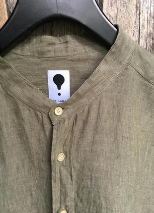 Рубашка льняная воротник мандарин стойкая мужская длинный рукав зеленый-милитари лен made in italy