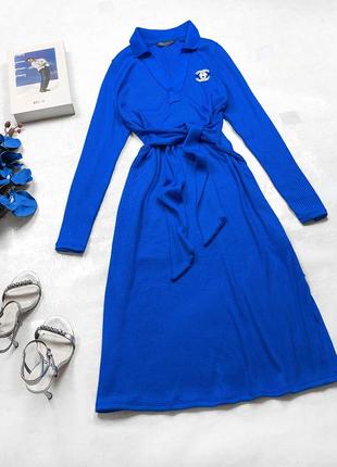 Шикарна сукня-футляр marks&spencer у рубчик трендового кольору синій електрик міді довжини з паском