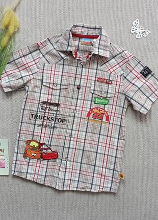 Детская летняя рубашка 6-7 лет тачки с коротким рукавом в клеточку для мальчика
