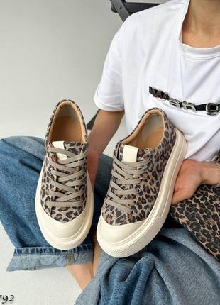 Трендовые кожаные замшевые кеды бежевые леопардовые на повышенной подошве 792
