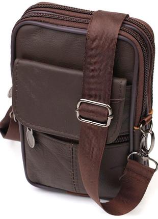 Мужская вертикальная поясная сумка из натуральной кожи 21488 vintage коричневая