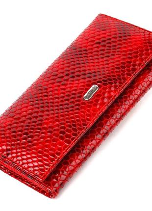 Чудовий жіночий гаманець із натуральної лакованої шкіри з тисненням під змію canpellini 21655 червоний