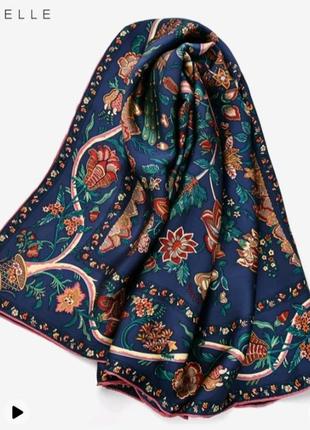 Premium платок шанхай из чистого шёлка  размер 126/126 см .древо жизни темно-синий