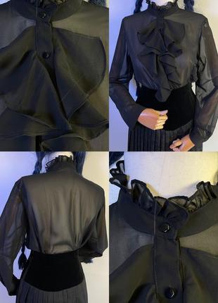 Эффектная полупрозрачная винтажная черная блуза рубашка кофта с рюшами воротничок стойка жебо с объемными рукавами готический стиль вампир