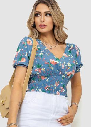 Блуза-топ с цветочным принтом, цвет джинс, 244r067