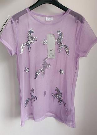 Футболка топ сеточка с серебристыми пайениками на девушку 11-12 лет f&amp;f