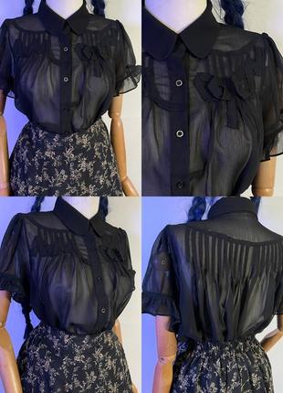 Эффектная полупрозрачная винтажная черная блуза рубашка кофта с рюшами бантиками с объемными рукавами готический стиль вампир
