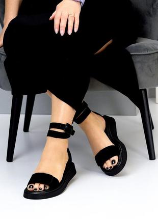 Черные натуральные замш босоножки сандалии на липучках с ремешками 36-41