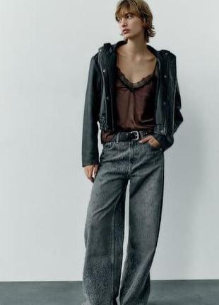 Сатиновий шоколадний топ  з мереживом zara