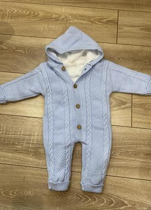 Вʼязаний дитячий теплий блакитний комбенізон ,новий але без бірки 6міс