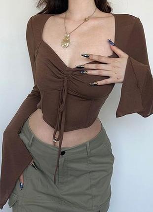 Женская кофта с широким рукавом винтажный топ с вырезом декольте корсет goth y2k coquette гот