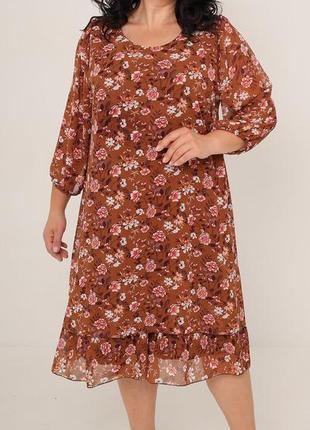 2531 женское летнее платье, ткань шифон на подкладке р. 54,56,58,60,62,64 коричневій