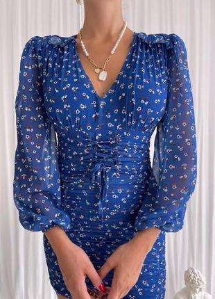 Распродажа 🏷 шифоновое платье драпировка со шнуровкой корсетными элементами рукавами фонариками в мелкий цветочный принт