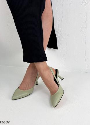 Натуральные кожаные слингбеки - туфли оливкового цвета на каблуке