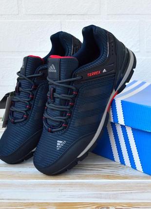 Мужские кроссовки темно синие с красным фирмы adidas terrex  blue адидасы, нубук. водонепроницаемы ф