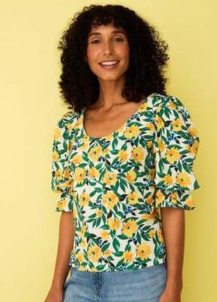 Натуральная блуза топ в цветочный принт с объемными рукавами 22/56-58 размер