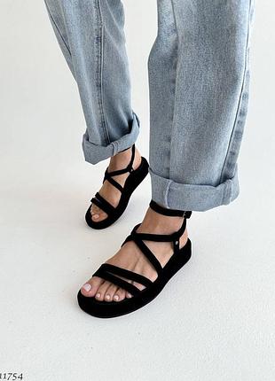 Жіночі босоніжки з натуральної замші, замшеві сандалі на низькому ходу, без підборів,...