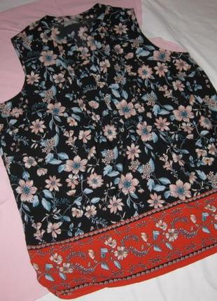Легкая блузка туника темная черная безрукавка с цветочным принтом орнаментом большой размер 16uk/44e