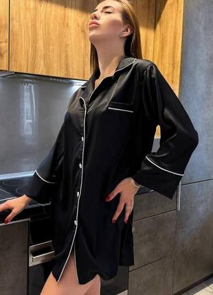 Сорочка жіноча для сну оверсайз на гудзиках з кишенею якісна стильна шовкова чорна малинова
