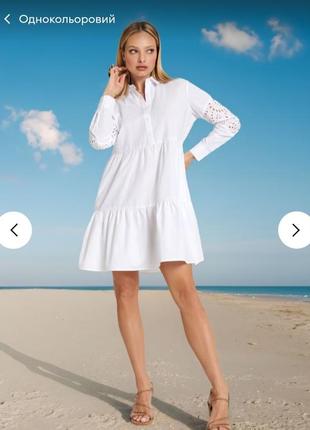 Біла бавовняна сукня- сорочка міні з вишивкою sinsay xxs 40  плаття мереживо стильна легка літня розкльошена з рбшками мереживо