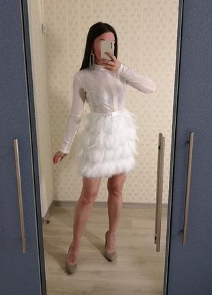 Нарядное белое платье с перьями, коктейльное платье, праздничное выпускное платье zara, свадебное