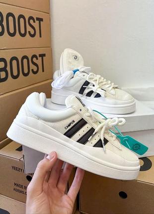 Шикарнезні жіночі кросівки adidas campus x bad bunny white black білі
