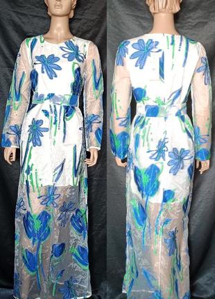 Marino milano italy длинное прозрачное платье цветы вышивка женская вечерняя рукав
