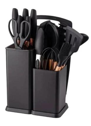 Набір кухонного приладдя 19 предметів із подвійною підставкою обробною дошкою набором ножів чорний