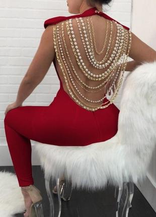Комбінезон жіночий брючний стильний тренд з аксесуарами на спині ланцюжки, перли