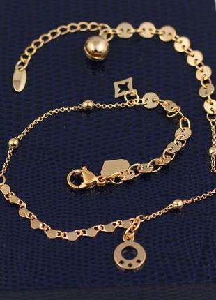 Браслет xuping jewelry на ногу цепь асорти с подвесками камешек ромбик колечко 24 см 3 мм  золотистый
