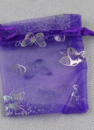 Мешочек из органзы цвет фиолетовый с серебристыми бабочками 8.5 см на 6.5 см