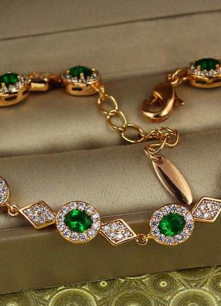 Браслет xuping jewelry малинки с ромбами с зелеными камнями 17 см 8 мм золотистый