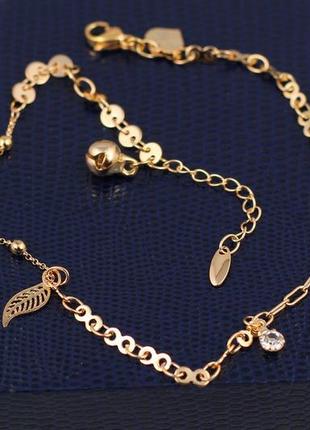 Браслет xuping jewelry на ногу цепь асорти с подвесками камешек яблочко листик 24 см 3 мм золотистый