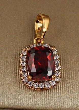 Кулон xuping jewelry малинка з прямокутним червоним каменем 1.4 см золотистий