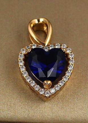 Кулон xuping jewelry синє серце в обідку з дрібних фіанітів для тонкого ланцюга 1.2 см золотистий