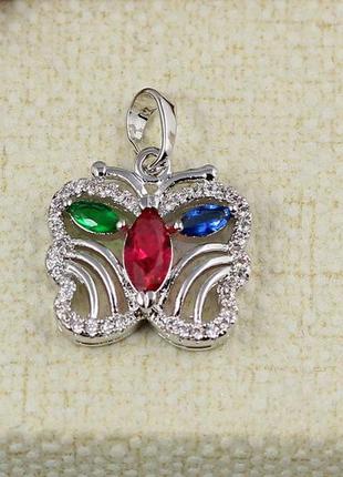 Кулон xuping jewelry  бабочка с разноцветными крыльями 1,5 см серебристый