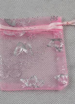 Мешочек из органзы цвет розовый с серебристыми бабочками 8.5 см на 6.5 см