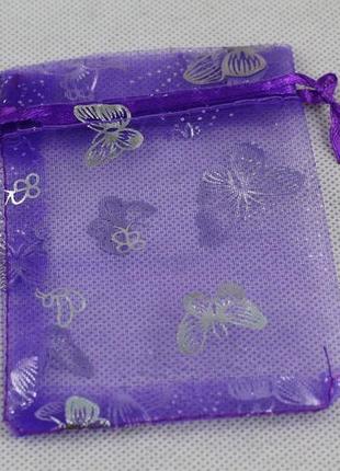 Мешочек из органзы цвет фиолетовый с серебристыми бабочками 11.5 см на 9 см