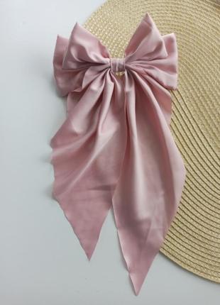 Розовый бант заколка для волос пудровый бантик для фотосессии шелковый