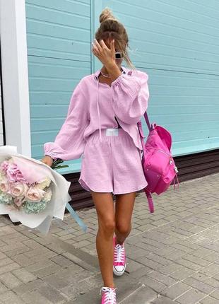 Костюм жіночий мусліновий трендовий оверсайз сорочка шорти на високій посадці якісний стильний літній рожевий