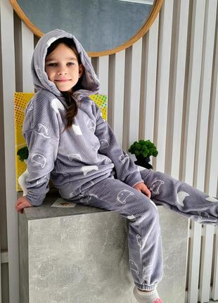 Теплая детская пижама с капюшоном серый плюшевый домашний костюм для девочки