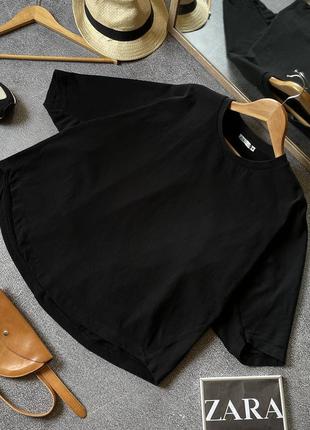Черная плотная однотонная футболка зара zara хлопковая натуральная с удлиненным рукавом xs s m оверсайз oversize футболка реглан